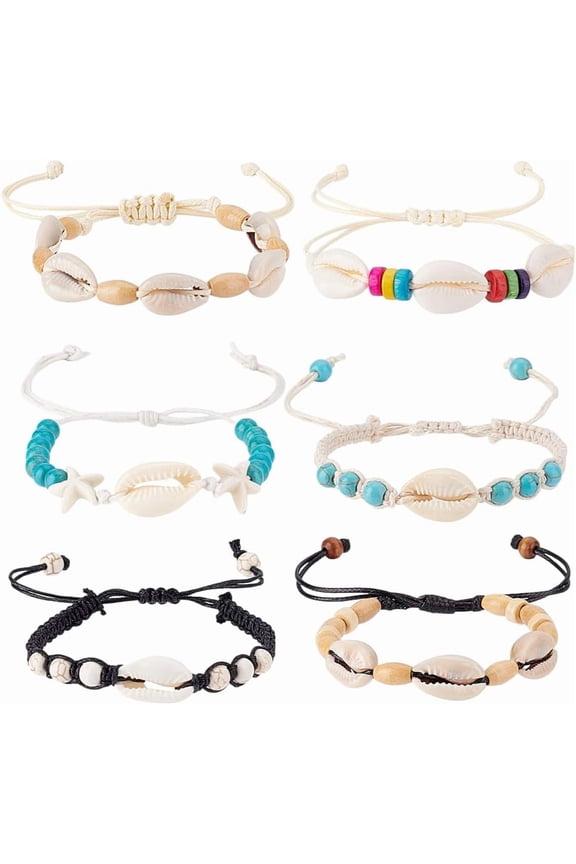 6Pcs Shell Bracelets Anklets Set Natural Turquoise Cowrie Beads Seashells Ankle Jewelry for Women Handmade Boho Adjustable Starfish Foot Chain Ocean Hawaii Beach Parties Shell