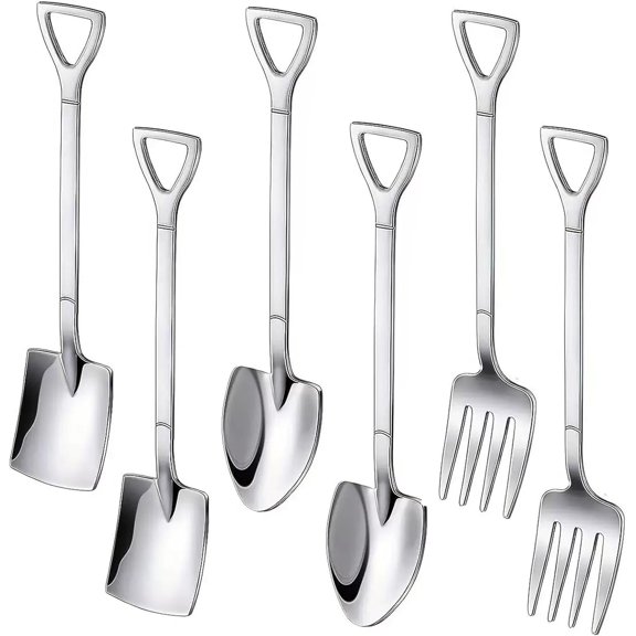 6Pcs Shovel Spoon Fork Set 18/10(304) Stainless Steel Spade Shape Utensils 6.1inch Stirring Spoon for Dessert Coffee Yogurt Cake Fruit Ice Cream