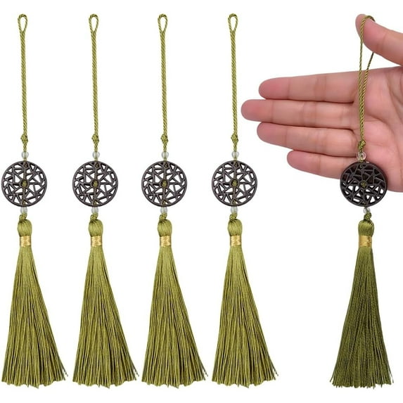 6Pcs Silky Tassels Green Handmade Pendants Tassel 9.25 Inch Fringe Strap with Loops Soft Craft Waist Pendant for Folding Fan Bookmarks Brown
