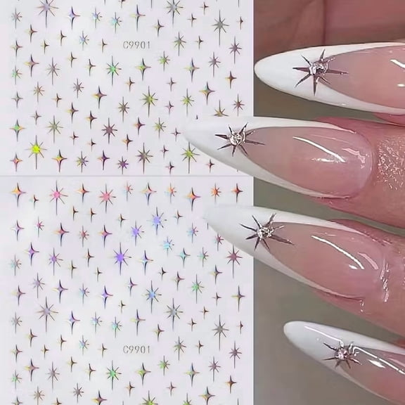 6Pcs Silver 3D Star Nail Stickers - Easy Self-Adhesive Nail Art
