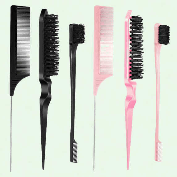 6Pcs Slick Back Hair Brush Gel Hair Brush Hair Brush Edge Comb Slick Brush Set Hair Comb Rat Tail Soft Bristle Hair Brush for Women Children's Hair (Black, Pink)