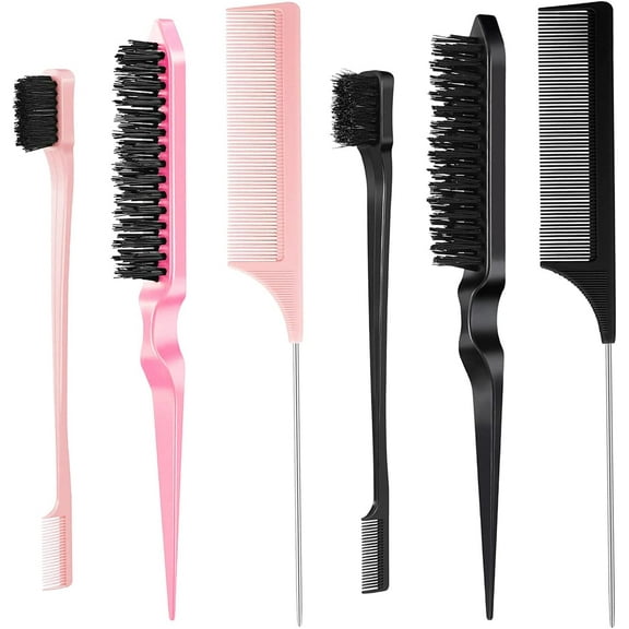 6Pcs Slick Back Hair Brush Hair Gel Brush Hair Brush Comb Brush Slick Brush Set Rat Tail Hair Comb Soft Hair Brush for Women Kids Hair(Black, Pink)