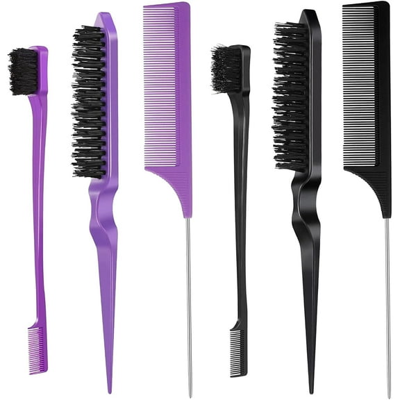 6Pcs Slick Back Hair Brush Hair Gel Brush Hair Brush Comb Brush Slick Brush Set Rat Tail Hair Comb Soft Hair Brush for Women Kids Hair(Black, Purple)
