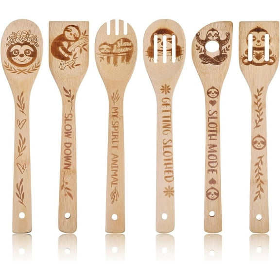 6Pcs Sloth Bamboo Cooking Utensils Wooden Engraved Cooking Spoons Set Carving Kitchen Bamboo Spatula Set for Women and Men Wood Cooking Spoon for Kitchen Fun House Warming Gift
