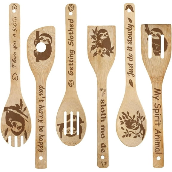 6Pcs Sloth Wooden Spoons My Spirpt Animal Words Cute Interesting Kitchen Tableware Dinnerware Nature Bamboo Cooking Carve Burned Slotted Spatulas for Birthday Housewarming