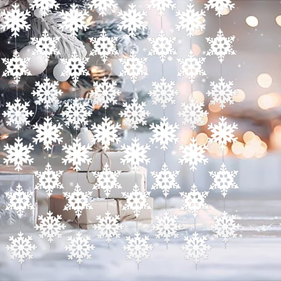 6Pcs Snowflake Garland Decorations Kit White Glitter Snowflakes Garland Winter Party Hanging Ceiling Streamers Paper Snowflake Hanging Banners