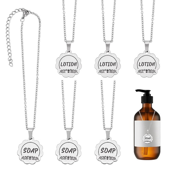 6Pcs Soap and Lotion Dispenser Tags Double-Sided Stainless Steel Soap Dispenser Labels Bottle Labels Hanging Tag Chains
