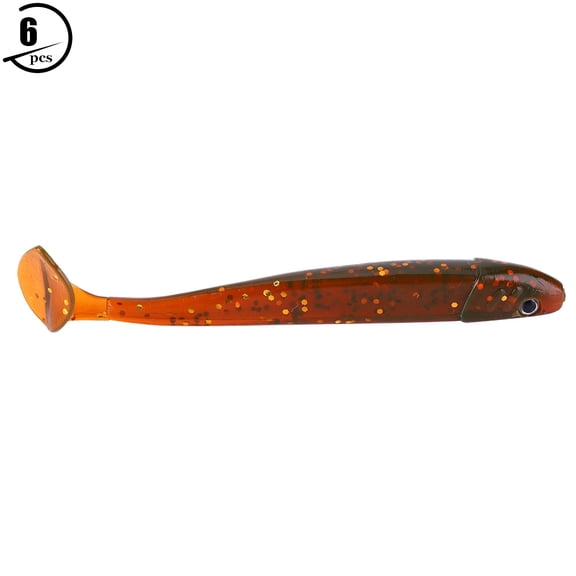 6Pcs Soft Plastic Fishing Lures - T-Tail Grub Worm Baits Fish Tackle Accessory (Brown)