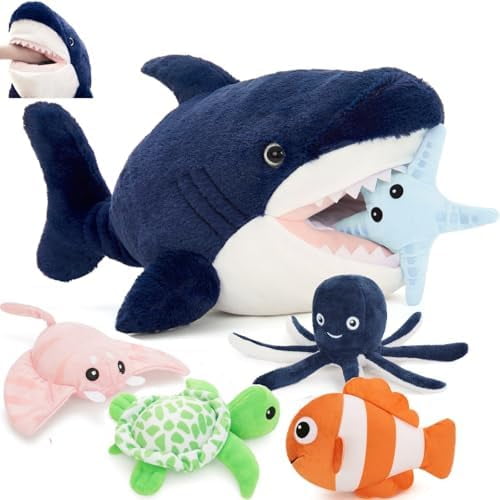 6Pcs Soft Shark Stuffed Animals with 5 Sea Animals Inside - Bulk Plush Toys Stuffed Shark Stingray Octopus Turtle Clown Fish Starfish, Kids Party Favors Valentine's Day Gifts Christmas
