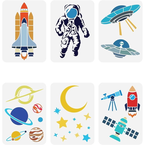 6Pcs Space Theme Stencils 8.3x11.7inch Reusable Astronauts Stars Moon Planets Rockets Astronomical Telescopes Aliens UFO Drawing Template