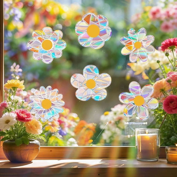 6Pcs Spring Summer Daisy Window Stickers, Double-Side Glass Decals Shiny Rainbow Prism Anti Collision Window Clings for Mirror Glass Display Shop Office Supplies