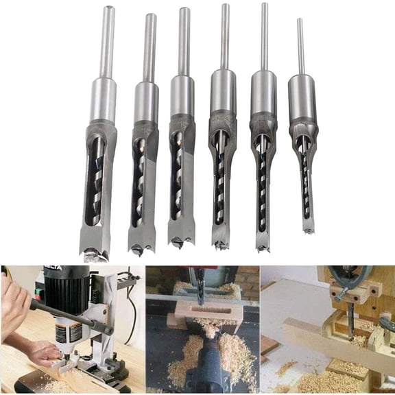 6Pcs Square Hole Drill Bit HSS Square Hole Saw Mortise Chisel Drill Bit Tools Wood Mortising Chisel Set, Sizes 1/4, 5/16, 3/8, 1/2, 9/16, 5/8 inch