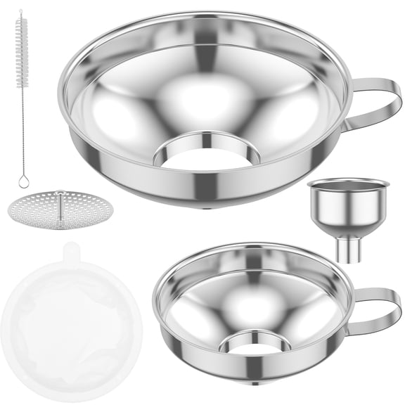 6Pcs Stainless Steel Canning Funnel with Handle Metal Wide Mouth Jar Funnel with Strainer Mesh Filter Brush for Filling Jam Oil Juice Bean Salt