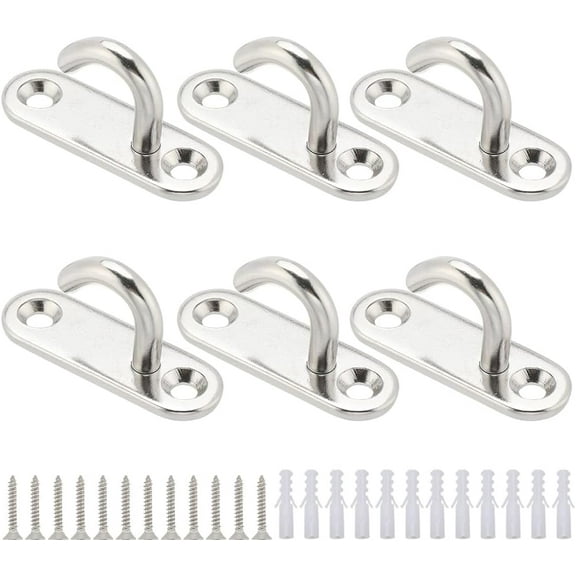 6Pcs Stainless Steel Ceiling Hooks Pad Eyes Plate Marine Hardware Hooks Oval Open Hooks Anchor Heavy Duty Screw Wall Mount Hook for Hanging Lamp Plant Basket Ceiling Fan Tool