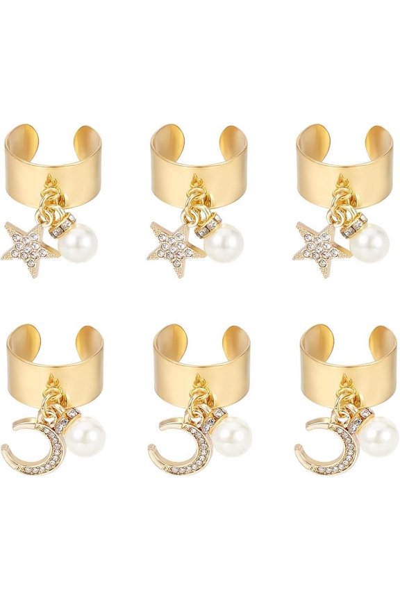 6Pcs Stainless Steel Charm Ring Adjustable Rings Rhinestone Rings with Star Moon Pendants Open Ring for Women Christmas New Year Gifts Fashion Ring for Anniversary Gold