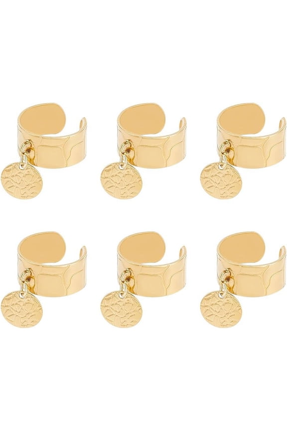 6Pcs Stainless Steel Charm Ring Golden Women's Ring Round Textured Charm Ring Adjustable Rings with Round Charms Open Cuff Finger Ring Sets for Holiday Gifts DIY Jewelry Ring
