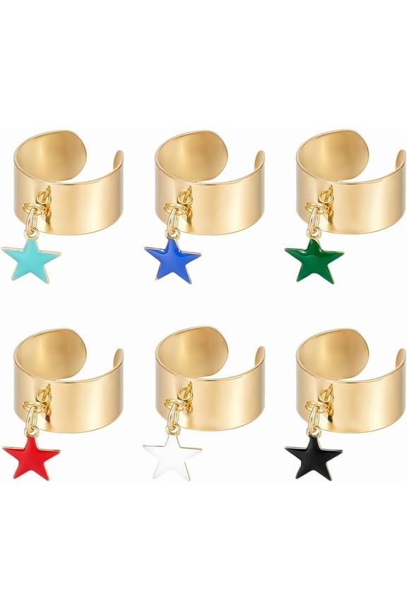 6Pcs Stainless Steel Charm Ring Women's Ring Adjustable Rings Ring with Enamel Star Pendants Golden Open Rings for Christmas New Year Gifts Fashion Ring for Anniversary for making