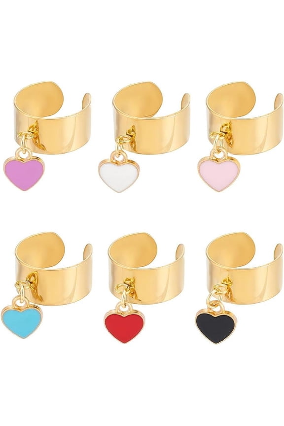 6Pcs Stainless Steel Charm Rings Adjustable Rings with Heart Charms Women's Ring Colourful Charm Rings for Christmas New Year Gifts Open Finger Rings for Jewelry Gift DIYDIY