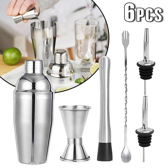 6Pcs Stainless Steel Cocktail Shaker Set, Professional Bar Tools Kit with Martini Shaker, Muddler, Jigger, Bar Spoon, Liquor Pourers, Complete Drink Mixing Tools for Home Bar Party Bartender Gift