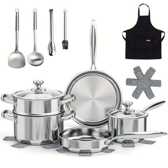 6Pcs Stainless Steel Cookware Set with Steamer, Glass Lids, Utensils, Heat-Resistant Mats & Apron, Induction Compatible, Works on All Stovetops