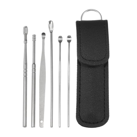 6Pcs Stainless Steel Ear Cleaner Ear Care Set Ear Cleansing Tool with Faux Leather Packaging Black