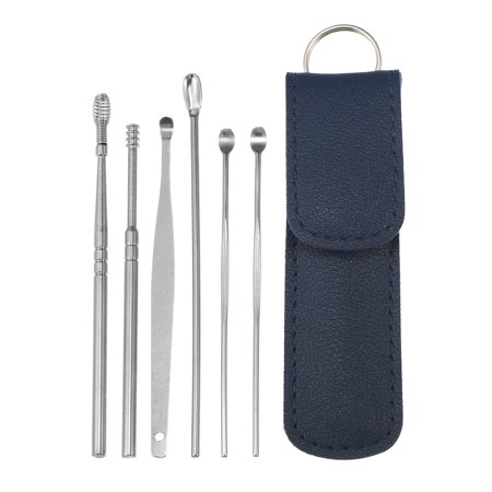 6Pcs Stainless Steel Ear Cleaner Ear Care Set Ear Cleansing Tool with Faux Leather Packaging Dark Blue