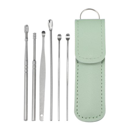 6Pcs Stainless Steel Ear Cleaner Ear Care Set Ear Cleansing Tool with Faux Leather Packaging Green