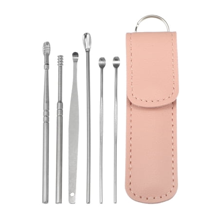 6Pcs Stainless Steel Ear Cleaner Ear Care Set Ear Cleansing Tool with Faux Leather Packaging Pink