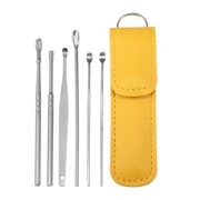 6Pcs Stainless Steel Ear Cleaner Ear Care Set Ear Cleansing Tool with Yellow Faux Leather Packaging