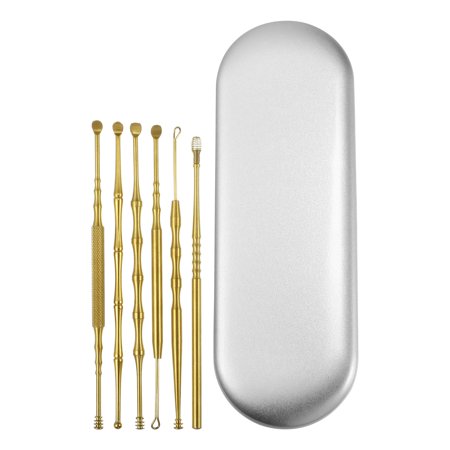 6Pcs Stainless Steel Ear Cleansing Tool Set Anti-slip Design with Storage Case Titanium Gold Tone
