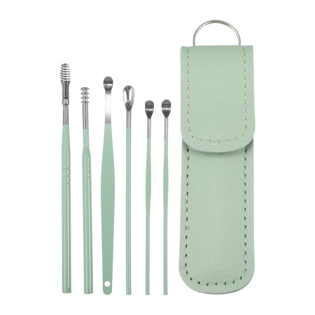 Unique Bargains 6Pcs Stainless Steel Ear Cleansing Tool Set with Faux Leather Packaging Green