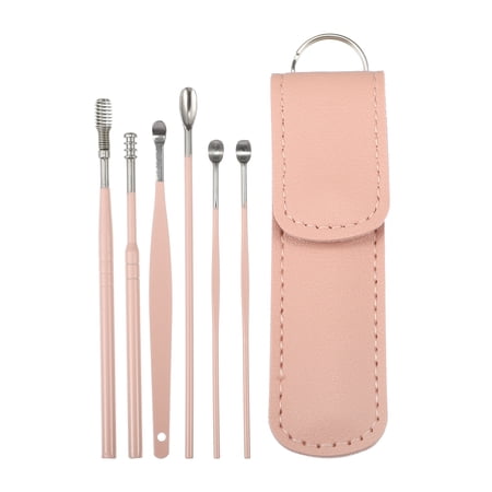 6Pcs Stainless Steel Ear Cleansing Tool Set Ear Cleaner Ear Care Set with Faux Leather Packaging Pink