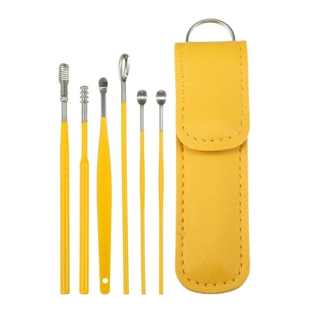 Unique Bargains 6Pcs Stainless Steel Ear Cleansing Tool Set Ear Cleaner Ear Care Set with Faux Leather Packaging Yellow