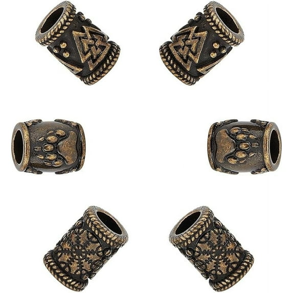 6Pcs Stainless Steel European Beads Large Hole Beads Spacer Beads Column Beads with Bear Paw Print Helm of Awe Valknut Antique Bronze Metal Beads for Jewelry Making