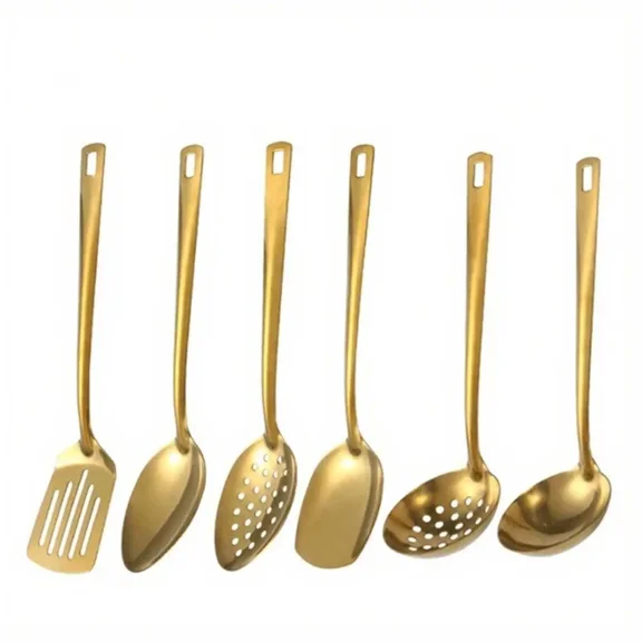 6Pcs Stainless Steel Kitchen Utensil Set Including Spatula Slotted Spoon Soup Ladle and Serving Spoon for Home Cooking Daily Kitchenware Gadgets, Gold