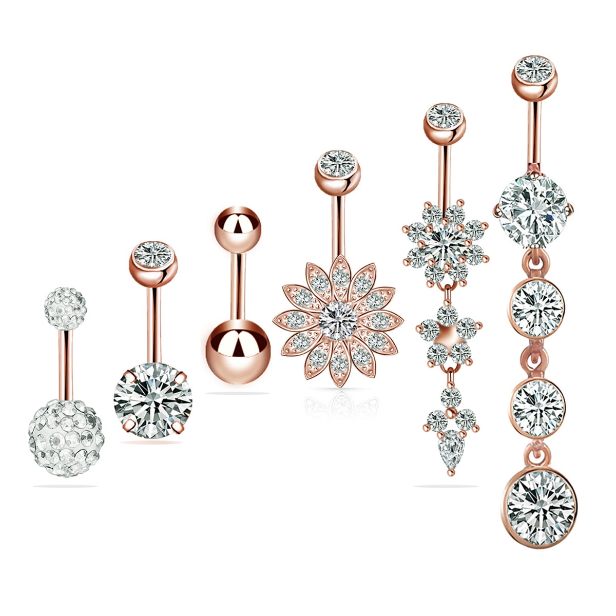 6Pcs Stainless Steel Rhinestone Belly Ring Navel Nail Body Piercing ...