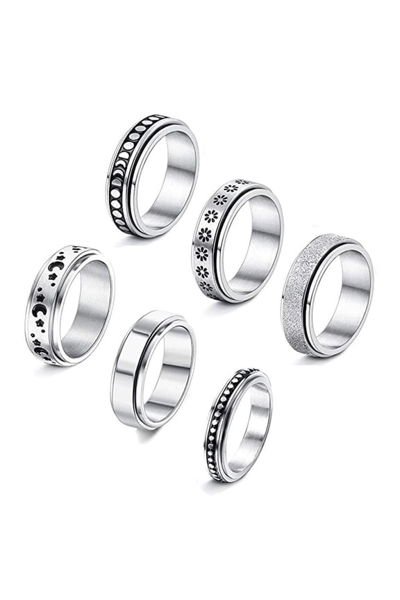 6Pcs Stainless Steel Spinner Ring for Women Moon Star Sand Blast Finish Ring Set Fidget Band Wedding Promise Rings Size 6-10