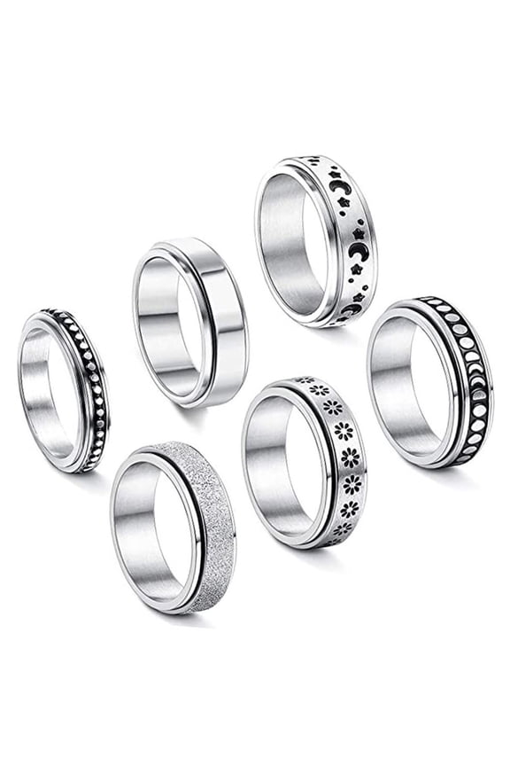 6Pcs Stainless Steel Spinner Ring for Women Moon Star Sand Blast Finish Ring Set Fidget Band Wedding Promise Rings Size 6-10