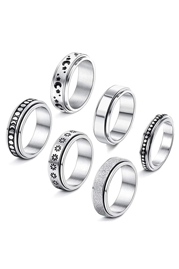 6Pcs Stainless Steel Spinner Ring for Women Moon Star Sand Blast Finish Ring Set Fidget Band Wedding Promise Rings Size 6-10