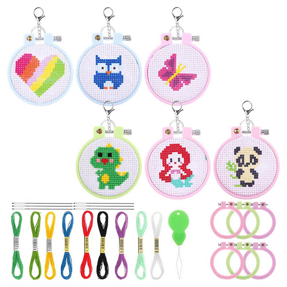 Symkmb 6Pcs Stamped Kits for Kids Beginners DIY Mini Embroidery Kit Needlepoint Beginner Kits DIY Ornaments Craft plastic