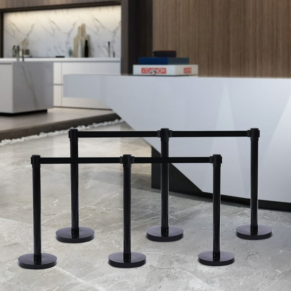 6Pcs Stanchion Posts Black Crowd Control Barrier Queue Poles Public Stanchion 6pcs Crowd Control Barrier Poles Retractable Belt Stanchion Queue Post Black 38"
