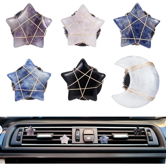 6Pcs Star Moon Natural Stone Car Air Vent Clips Gemstone Car Vent Clips with Copper Wire Quartz Crystals Car Vent Clips Air Freshener Vent Clips for Car Air Vent Accessory Golden