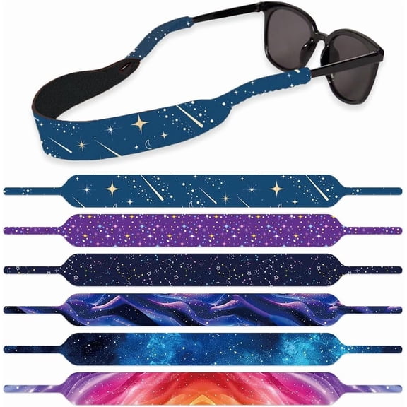 6Pcs Starry Sky Floating Sunglass Straps Lightweight Neoprene Glasses Holder Straps with 6 Different Starlit Sky Stars Patterns Colorful Printed