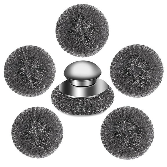 6Pcs Steel Wool Scrubber Set with Handle, Stainless Steel for Kitchen, Grill, Stoves - Includes 1 Scrubber and 5 Pads