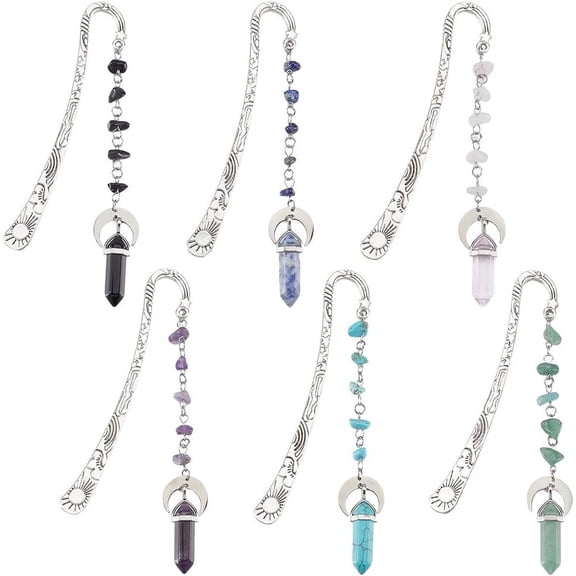6Pcs Stone Bookmarks Charm Book Marks Silver Metal Alloy Vintage Natural Gemstones Dangle Pendant Hook Book Makers for Books Teacher Friend Reading Accessories Silver