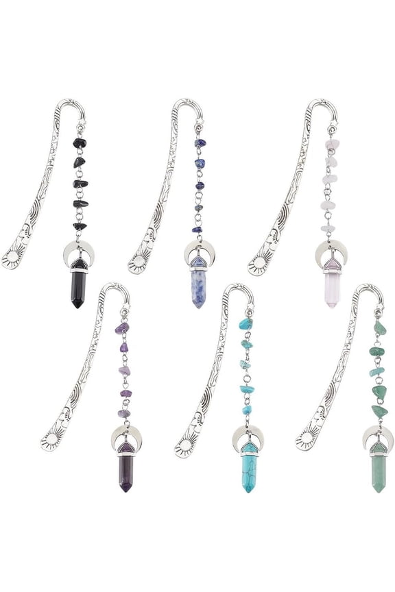 6Pcs Stone Bookmarks Charm Book Marks Silver Metal Alloy Vintage Natural Gemstones Dangle Pendant Hook Book Makers for Books Teacher Friend Reading Accessories Silver