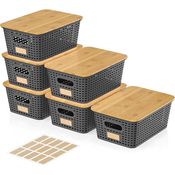 6Pcs Storage Bins with Lids, Stackable Plastic Storage Basket with Bamboo Lid, Pantry Organizer Box Small Containers for Organizing Shelves Drawer Desktop Closet Cabinet Office Classroom 10x7.1x4.1in