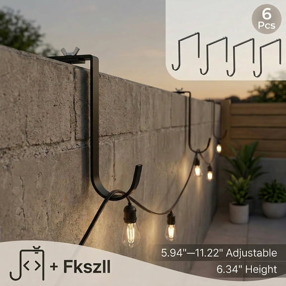 6Pcs Outdoor String Light Hooks, Adjustable No Drill Metal Wall Hangers for 6-11 Inch Brick Concrete & Cinder Block, Hanging Cord Organizer for Patio Fence Wreath Decor