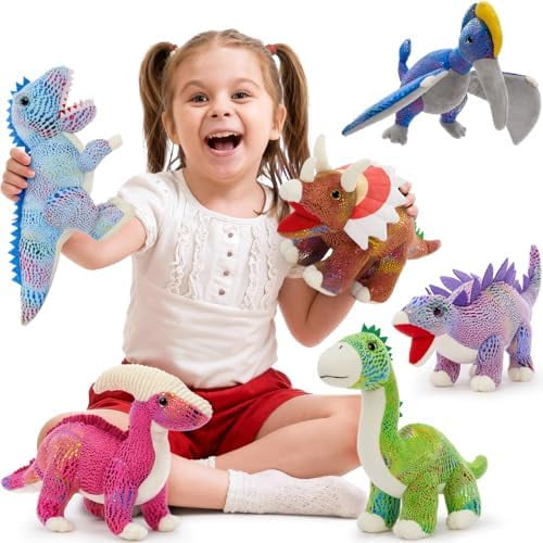 6Pcs Stuffed Animals Bulk Dinosaur Plushies with Sequin, 12'' Stuffed Dinosaur Blue Velociraptor Toys Collectible Dino Squad for Kids Gifts Christmas Halloween Decorations