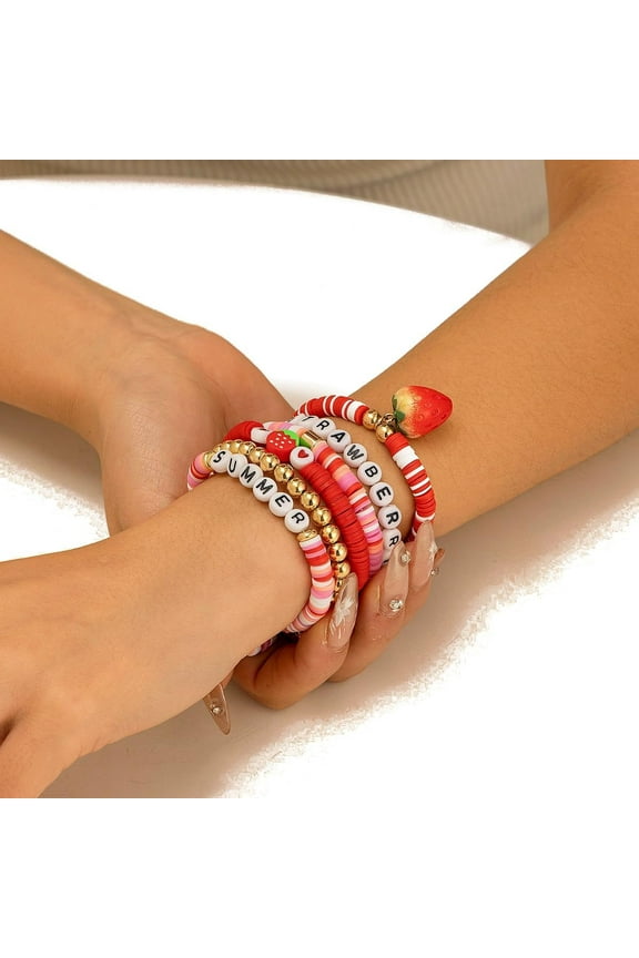 6Pcs Style Polymer Clay Stretch Bracelets Set Word Preppy Friends Bracelets with Strawberry Charms Mixed Color 7-1/8 inch(18cm) Making DIY